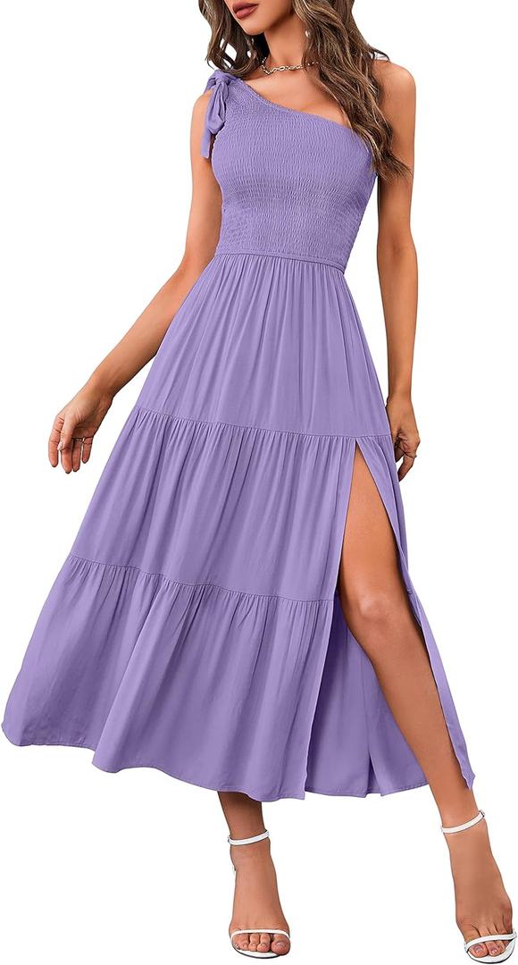 MEROKEETY Women's Summer One Shoulder Sleeveless Knot Smocked Midi Dress Split Tiered Flowy Dresses (Medium, Purple)