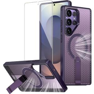 for Samsung Galaxy S25 Ultra Case with a Tempered Screen,[Compatible with Magsafe],[Heat Dissipation],[Magnetic Support],[Invisible Built in Stand & Ring Holder],Anti-Scratch Slim Case-Purple