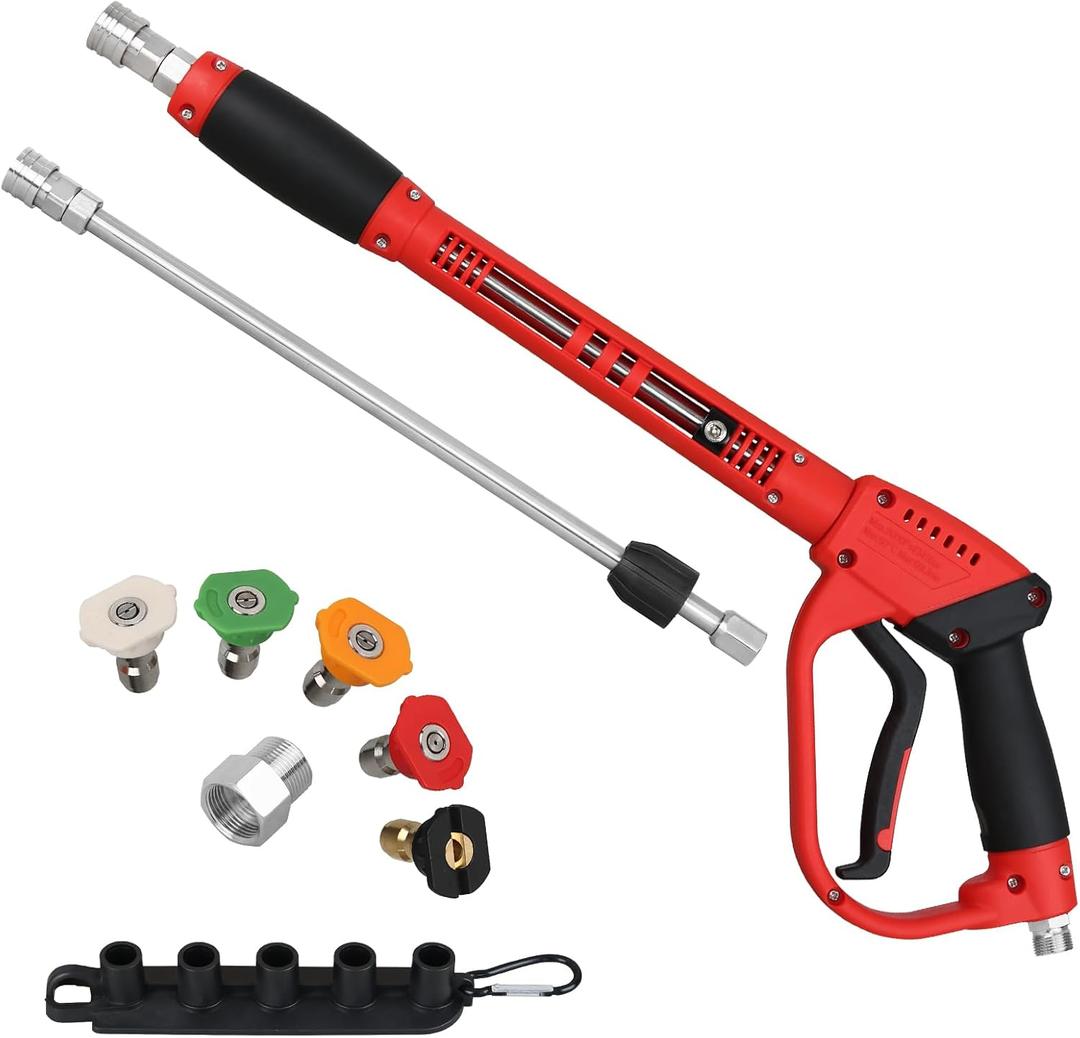 Pressure Washer Gun with Extension Replacement Wand, Power Washer Gun, M22 Fitting, 5 Nozzle Tips, 5000 PSI, 37 Inch (red and black)
