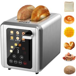 WHALL Touch Screen Toaster 2 Slice, Stainless Steel Digital Timer Toasters with Sound Function, Smart Extra Wide Slots Toaster with Bagel, Cancel, Defrost (silver)
