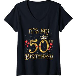 Womens It's My 50th Birthday Party 50 Years Old Queen Cool V-Neck T-Shirty  Small
