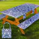 Picnic Table Cover with Bench Covers Vinyl Elastic Edges Fitted Rectangle Seat Tables Waterproof 3-Piece96X30in Set Outdoor Rectangular Folding Backing Tablecloth for Camping Over Size