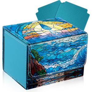 Leather Card Deck Case Compatible with MTG Cards Holds 120+ Trading Cards Strong Magnet Storage Card Box with 2 Dividers Compatible with TCG CCG(Blue, Horizontal Drop)