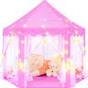 Pink Princess Tent for Girls, Kids Play Tent with LED Large Star Lights, Castle Playhouse Tent for Children Toddlers Indoor Outdoor Games, 55×53 Inches