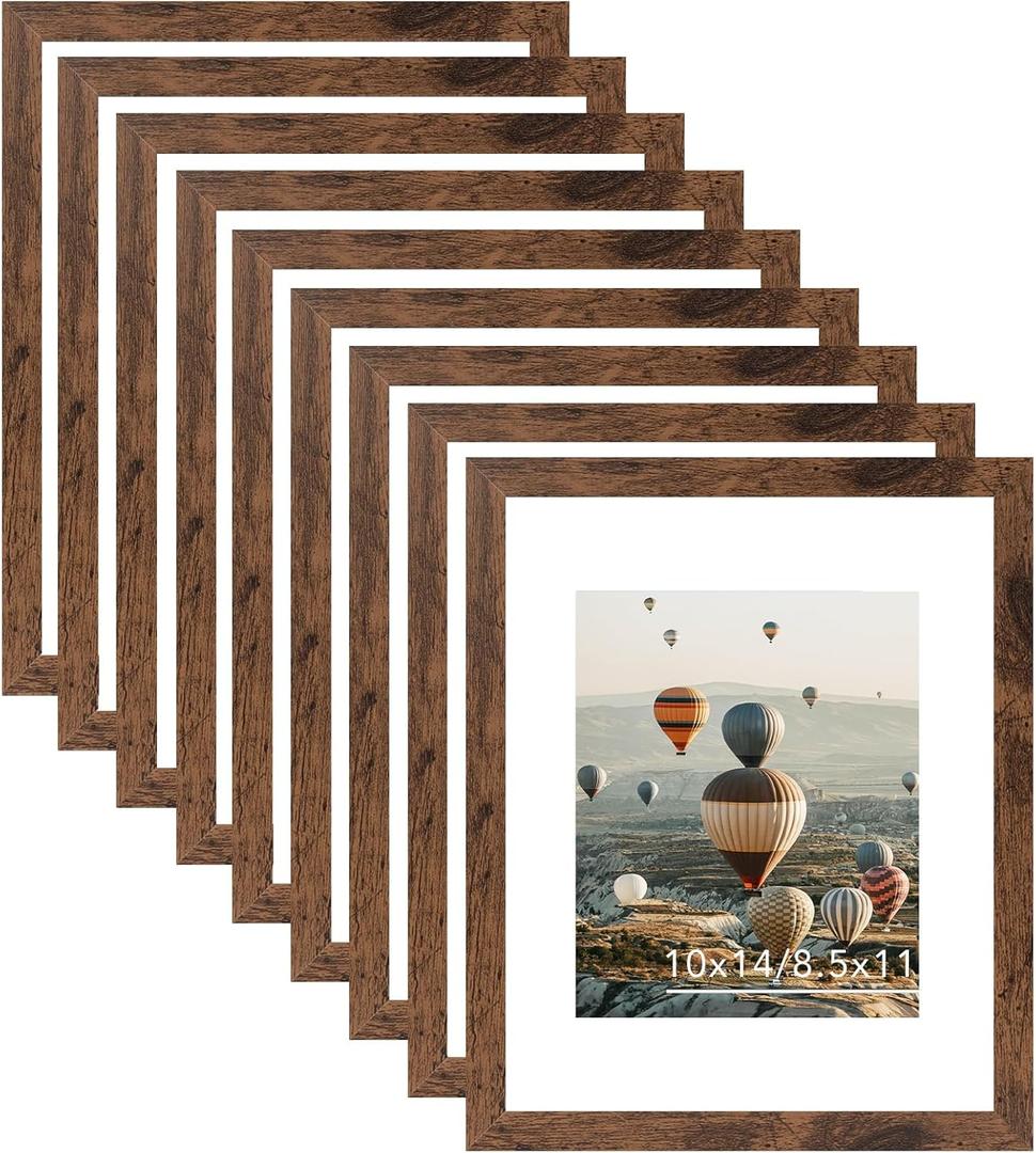 10x14 Picture Frame Set of 9 for 30 x 40 cm Diamond Art Painting, Display 8.5x11 with Mat or 10x14 without Mat, Wood 10 by 14 Wall Gallery Poster Photo Frames Bulk with 8.5x11 Mat,9 Pack, Deep Brown