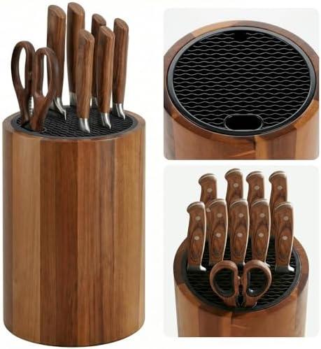 Ninonly Universal Knife Block Holder, Round Wooden Countertop Knife Block Without Knives, Acacia Wood Knife Storage for Kitchen Steak Knives, Scissors & Sharpening Rod