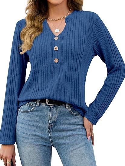 2 x VUTRU Long Sleeve Top for Women Henley Shirts Tunic Sweater Knit Fall Casual V Neck Pullover Loose Fit Dressy with Leggings (X-Small, Beige)