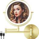 Rechargeable Wall Mounted Lighted Makeup Vanity Mirror 8 Inch Double Sided 1X 10X Magnifying Bathroom Mirror, 3 Color Lighting, Touch Screen Dimming, 360 Rotation Shaving Mirror Gold