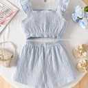 Girls Summer Outfits Flutter Sleeve Shirt Ruffle Hem Pleated Crop Top with Botton and Solid Shorts Sets Blue 11-12 Years (Blue, L)