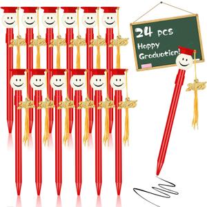 24 Pcs Graduation Cap Ballpoint Pen with Tassels, Happy Face Round Shaped Graduation Pens with Metal 2026 Tassel, Congrats Grad 0.7 mm Black Rollerball Pen for Graduation Party Favors (Red)