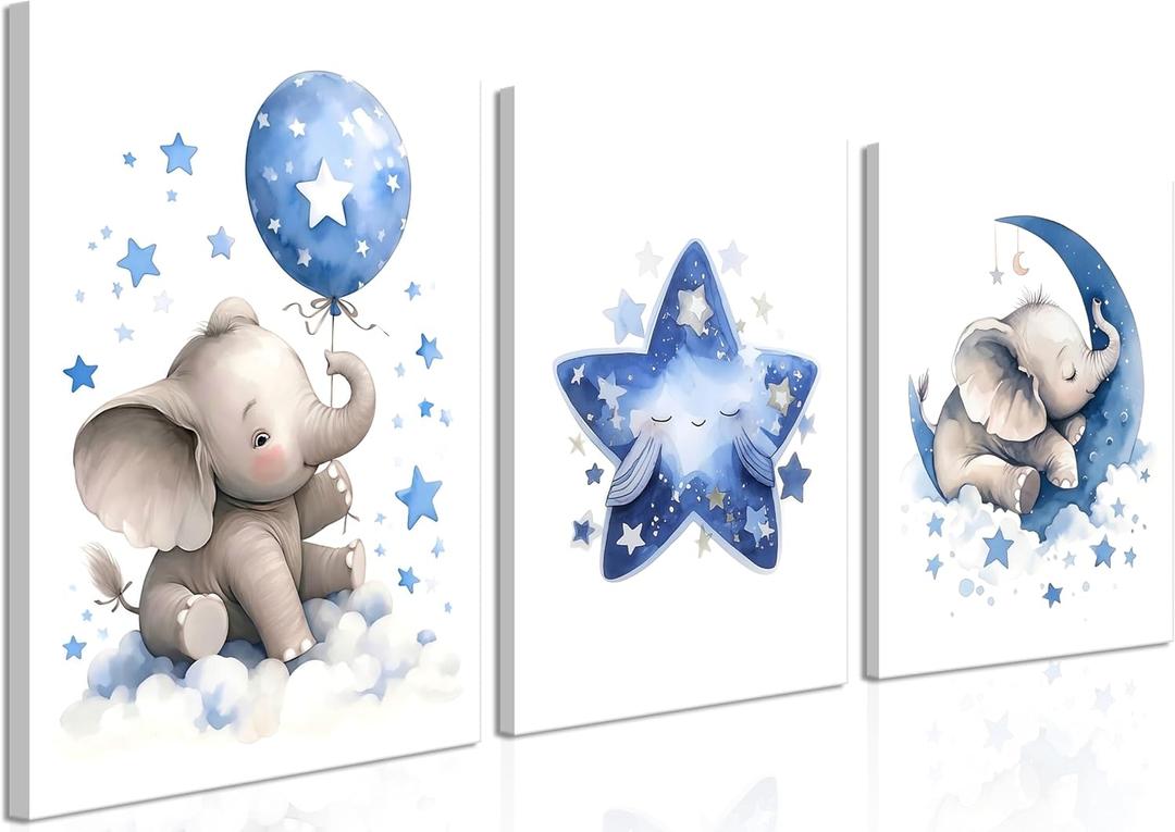 Baby Boy Nursery Canvas Wall Art Set of 3, Blue Elephant Moon and Stars Picture Wall Decor Painting, Cute Animal Baby Girl Nursery Posters Prints for Kids Room Bedroom 12x16 In Framed
