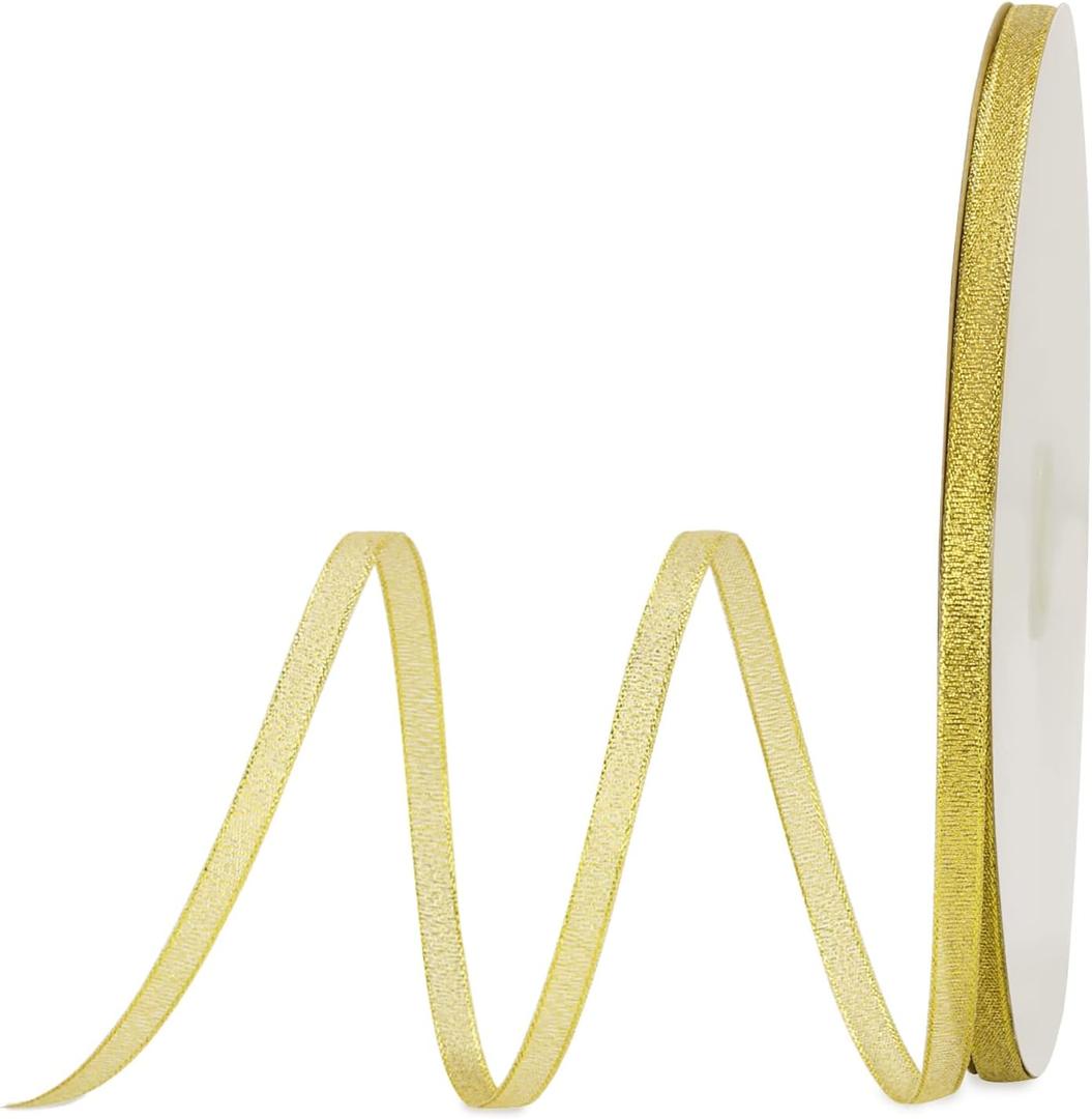 100yd 1/4" Gold Shiny Organza Sheer Ribbon,Metallic Glitter Ribbons for Gift Wrapping,Bows,Crafts,Garland,Bouquet,Holiday Wedding Party Decor (1/4" (7mm))