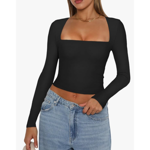 REORIA Women's Basic Sexy Square Neck Long Sleeve Y2K Going Out T Shirt Crop Top XXL