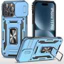 for iPhone 15 Pro Phone Case iPhone 15 Pro Case with Slide Camera Cover Protective with Ring Stand, Heavy Duty Shockproof Rugged Bumper for iPhone 15Pro Case-Light Blue