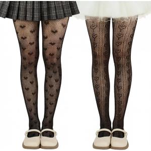 2 Pack Girls Lace Tights Kids Sheer Patterned Fishnet Stockings Dance Pantyhose for Halloween Tights (Black, S)