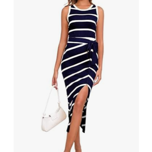 Women's 2025 Summer Striped Dress Casual Sleeveless Crewneck Knit Bodycon Split Midi Dresses with Belt L