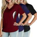 Huukeay 3 Pack Women's Maternity Nursing Tops, Hidden Zippers Breastfeeding Clothes V Neck Short Sleeve Pregnancy Shirts Tees(Black,Navy Blue,Burgundy,Medium) (M)