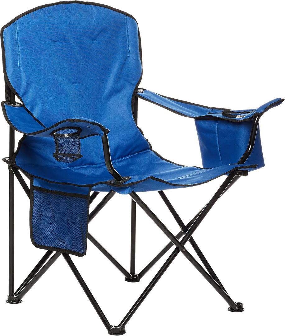 Amazon Basics Portable Oversized Camping Chair with 4-Can Cooler, Side Pocket, Cup Holder, and Carry Bag, Padded, Collapsible, X-Large, Blue