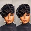 Short Pixie Cut Wig for Black Women Black Curly Wave Synthetic Short Wigs for Women Heat Resistant Fiber Pixie Cut Wigs with Bangs None Lace Front Wig