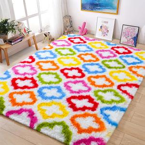 Tepook Fluffy Colorful Rug for Kids, Shaggy Soft Rainbow Area Rugs for Girls Bedroom, Indoor Modern Geometric Moroccan Rugs Plush Girls Kids Rug for Playroom Teens Room Nursery Home Decor, 3 X 5 ft