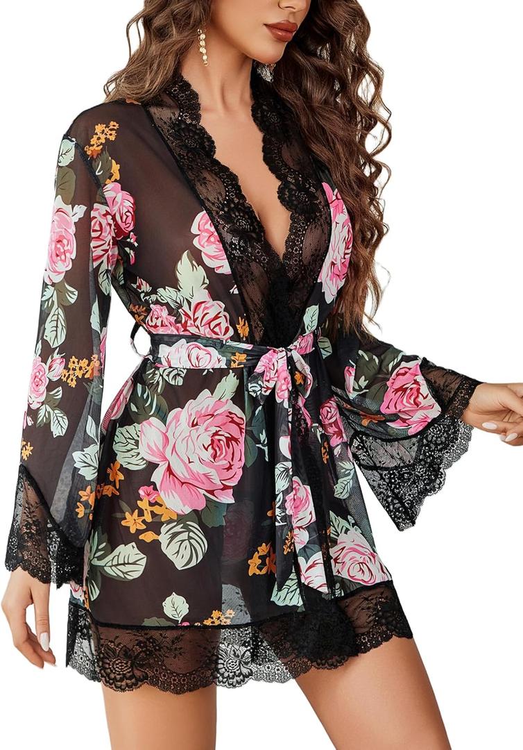 Avidlove Women Lace Kimono Robe Babydoll Sexy Lingerie Mesh Chemise Nightgown Cover Up (Small, Black Flower)