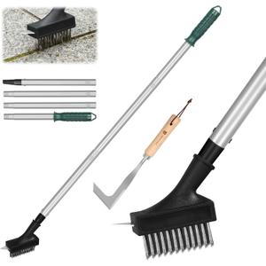 ORIENTOOLS Weed Brush,Long Handle Weed Brush Weed Brush,Patio Remover Tool Whith Stainless Steel Angled Head,Acistles Patio Cleaner Wire Brush 134cm 4-Section Handle