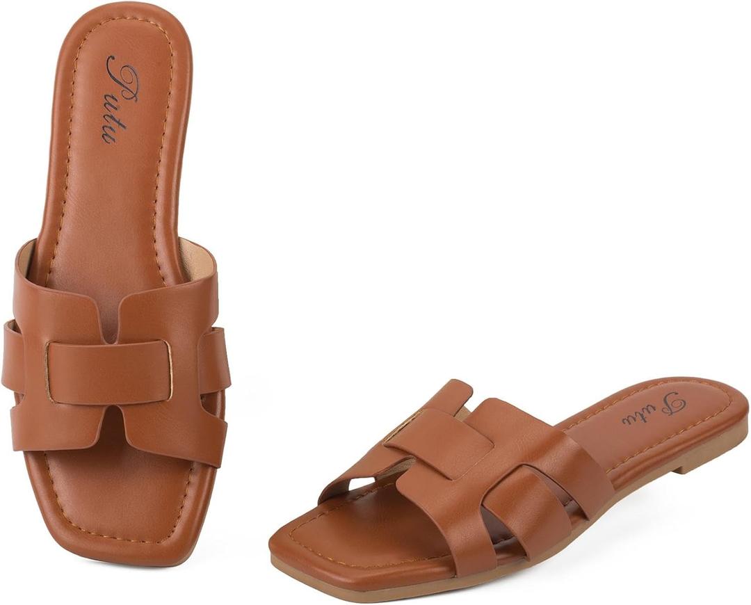 Putu Women's Flat Sandals Dressy Summer Sandals Strappy Slides with Square Open Toe (5.5, Brown)