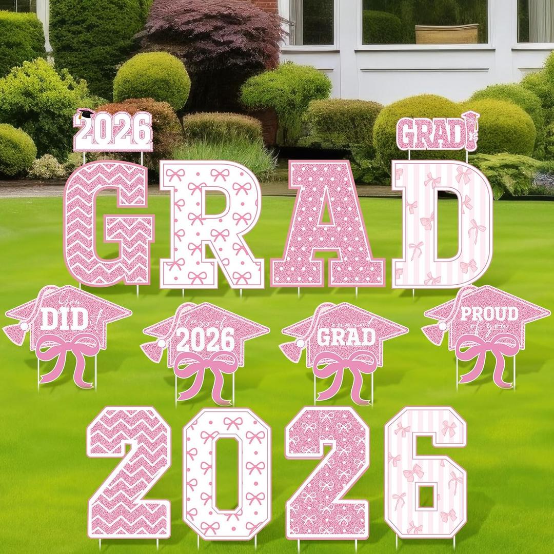Bucherry 14 Pcs Graduation Yard Signs 2026 Decorations Outdoor Large Pink Bow Congrats Grad Lawn Signs with Stakes Class of 2026 Graduation Garden Party Supplies Photo Backdrop Prop College Decor