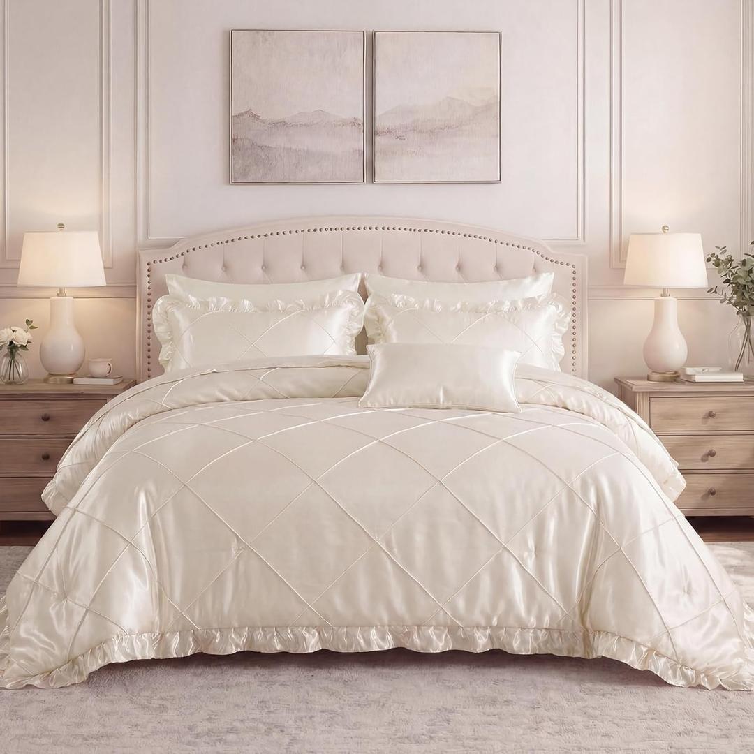 Satin Comforter Set Queen Beige Sheet Set Silk Like Bedding Set Silky Bed in a Bag 8 Pcs Pinch Pleat Bed Set Home Decor Luxury Hotel Silky Ruffle Comforters with 1 Cushion Cover