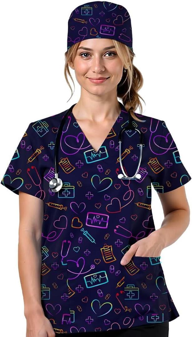 2Pcs Women's Scrubs Set with Cute Printed Scrub Caps V Neck Tops Soft Casual Nurse Uniform with Pockets (Blue, L)