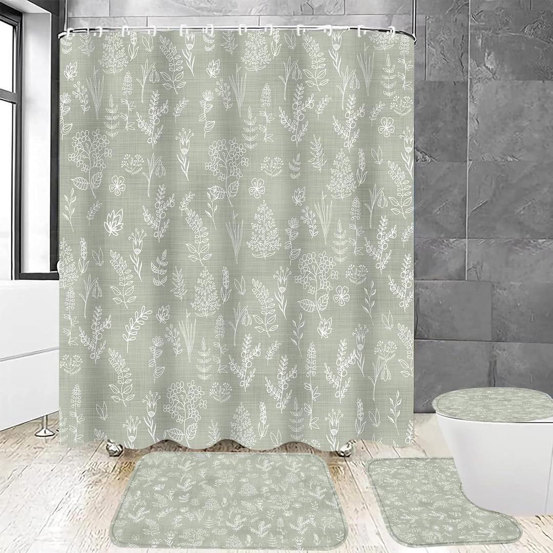 Chrainy 4Pcs Green Leaves Shower Curtain Set with Rugs Plants Floral Rustic Bathroom Decor Set Vintage Sage Bathroom Set with Shower Curtain and Rugs and Accessories 12 Hooks