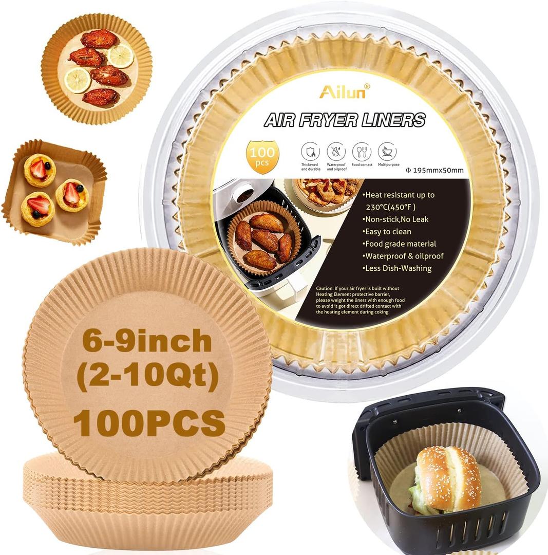 Ailun Air Fryer Paper Liners 8inch, 100PCS Non-Stick Parchment Paper,Oil Resistant,Disposable Food Grade Free of Bleach Paper Round for 5-8 QT Air Fryer Baking Roasting Microwave