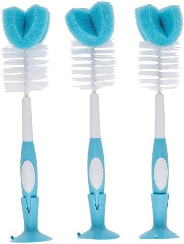 Dr. Brown's Reusable Sponge Baby Bottle Cleaning Brush with Suction Cup Stand, Scrubber and Nipple Cleaner, Blue, 3-Pack
