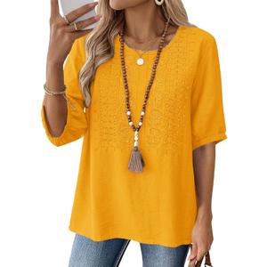 Kistore Women's Embroidered Blouses Short Sleeve Lace Trim Crew Neck Tops (M)