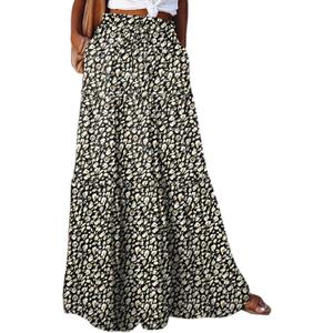 Happy Sailed Womens Floral Print Boho Maxi Skirt Elastic High Waist Pleated Ruffle Flowy Long Skirts S-XL (L)