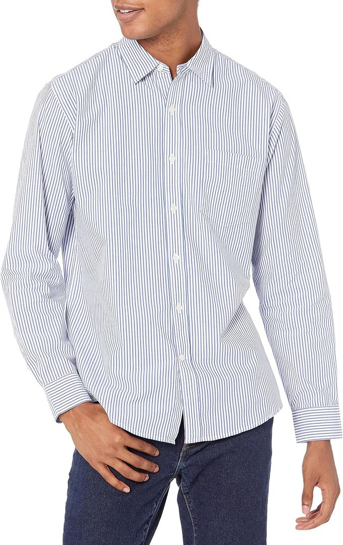 Amazon Essentials Men's Regular-Fit Long-Sleeve Casual Poplin Shirt (Blue White Vertical Stripe) S