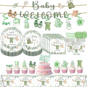 139 PCS Greenery Gender Reveal Baby Shower Plates and Napkins Supplies, Boho Greency Party Decorations Tableware Set Dessert Plates Napkins Forks for 20 Guests (Green)