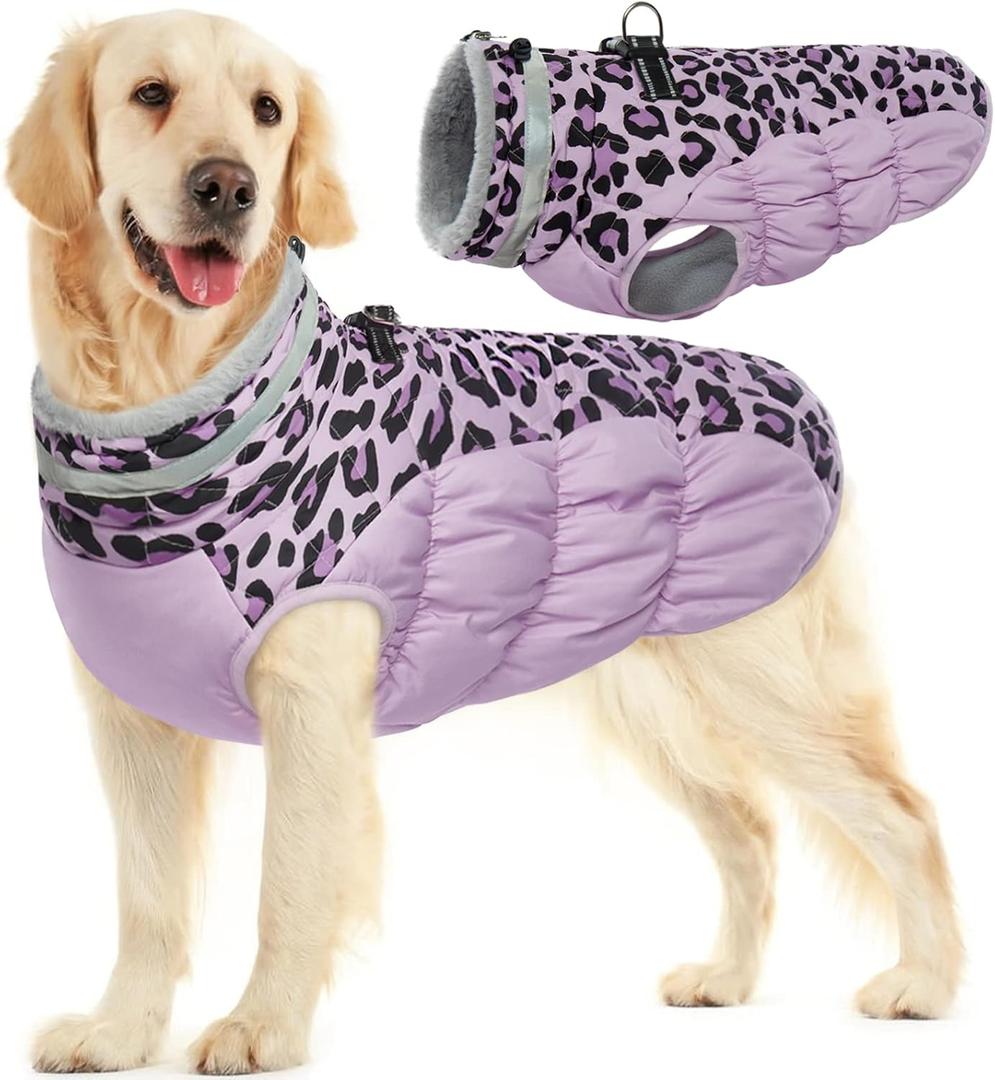 FUAMEY Dog Winter Coat - Dog Jacket with Zipper, Built-in Harness, Padded Vest, Water Resistant, Reflective - Purple Leopard, Small to Large (Large(chest:24in))