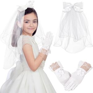 Geyoga 2 Pcs First Communion Veil and Gloves Set for Girls 1st Holy Communion Accessories for Kids Wedding Party Costume (White), One Size