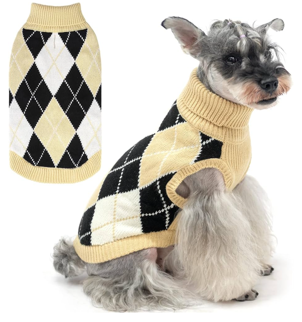 KOOLTAIL Small Dog Sweater - Knit Turtleneck Cold Weather Pullover for Medium Large Dogs, Soft Diamond Plaid Knitwear Winter Warm Clothes, Pet Coat Puppy Sweater for Girls Boys S