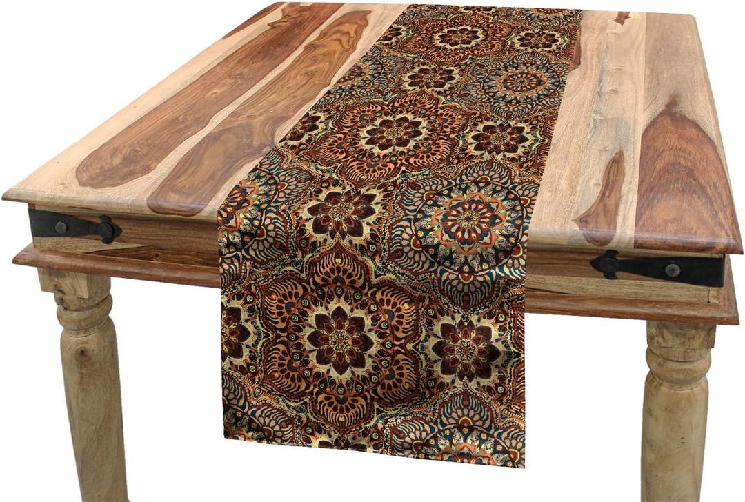 Ethnic Table Runner, Exotic Orient Style Ottoman Flower Scroll Turkish Old Fashioned Bohemian Print, Dining Room Kitchen Rectangular Runner, 16" X 90", Coffee Brown