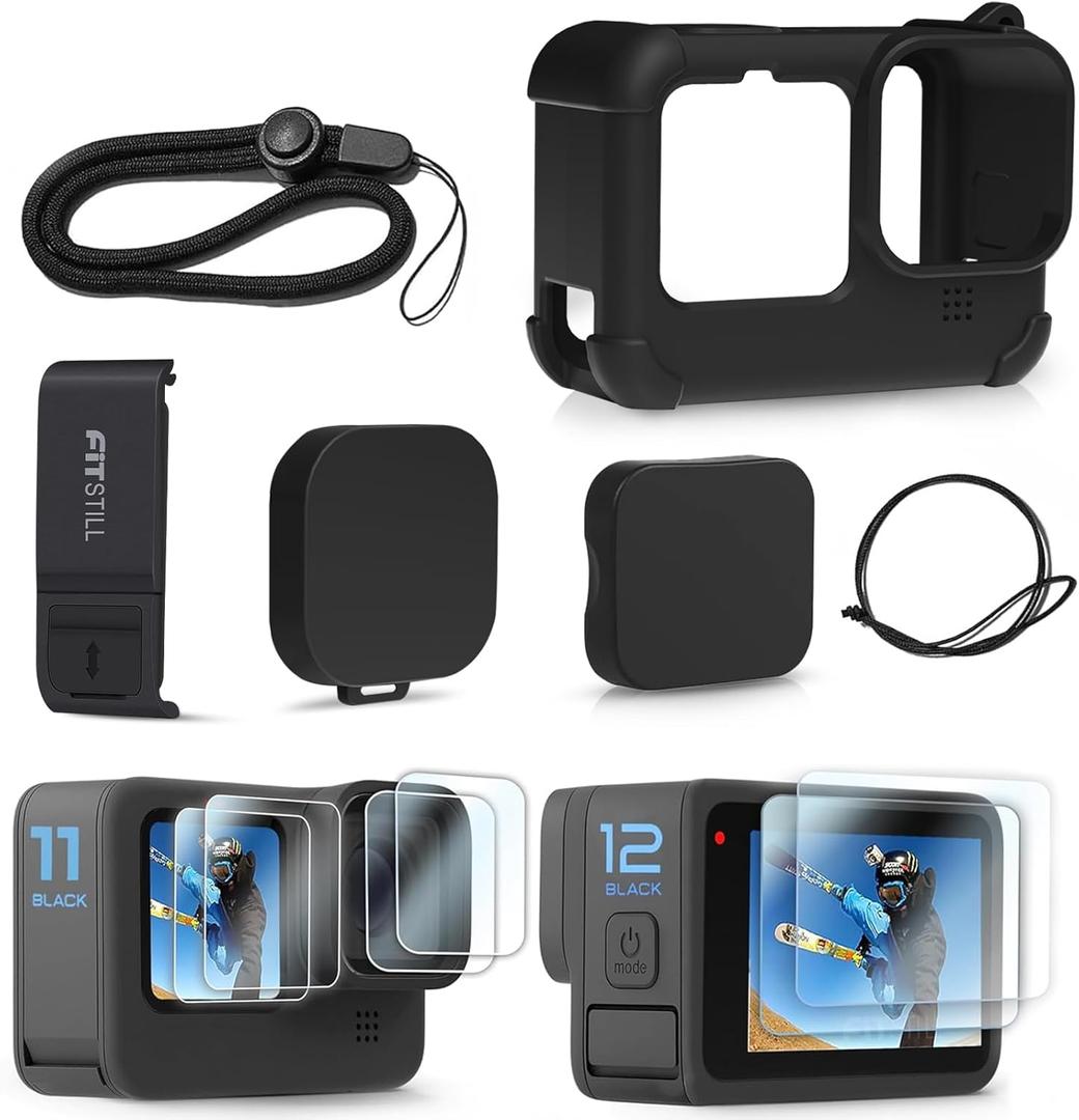 FitStill Silicone Sleeve Protective Case for Go Pro Hero 12/Hero 11/Hero 10 /Hero 9 Black, Battery Side Cover & Lens Caps & Screen Protectors & Lanyard for Hero12/11/10/9 Accessories Kit
