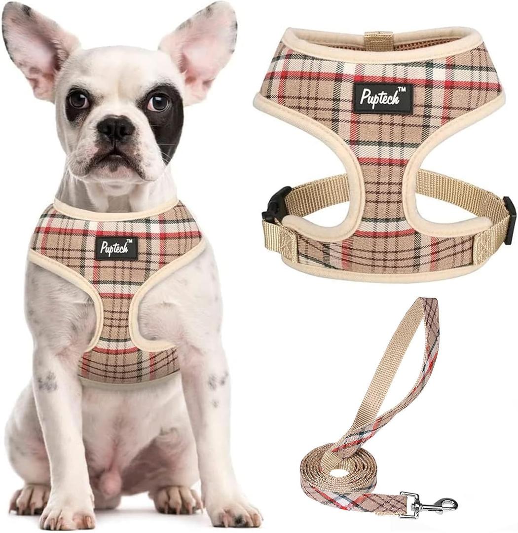 PUPTECK Soft Mesh Dog Harness and Leash Set Pet Puppy Cat Comfort Padded Vest No Pull Harnesses, Khaki, M (M (NECK: 14", CHEST: 17"-21"))