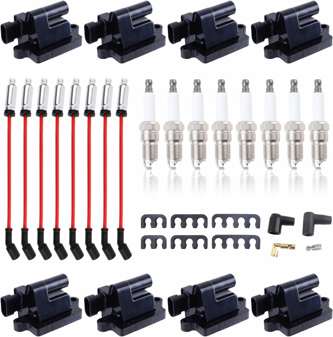 D581 Set of 8 Square Ignition Coil 8 Platinum Spark Plug and Red Wire Set Compatible with Chevrolet Chevy GMC Hummer Avalanche Savana 1500 2500 3500 Sierra UF271 (UF271 Black+748UU+41-962)