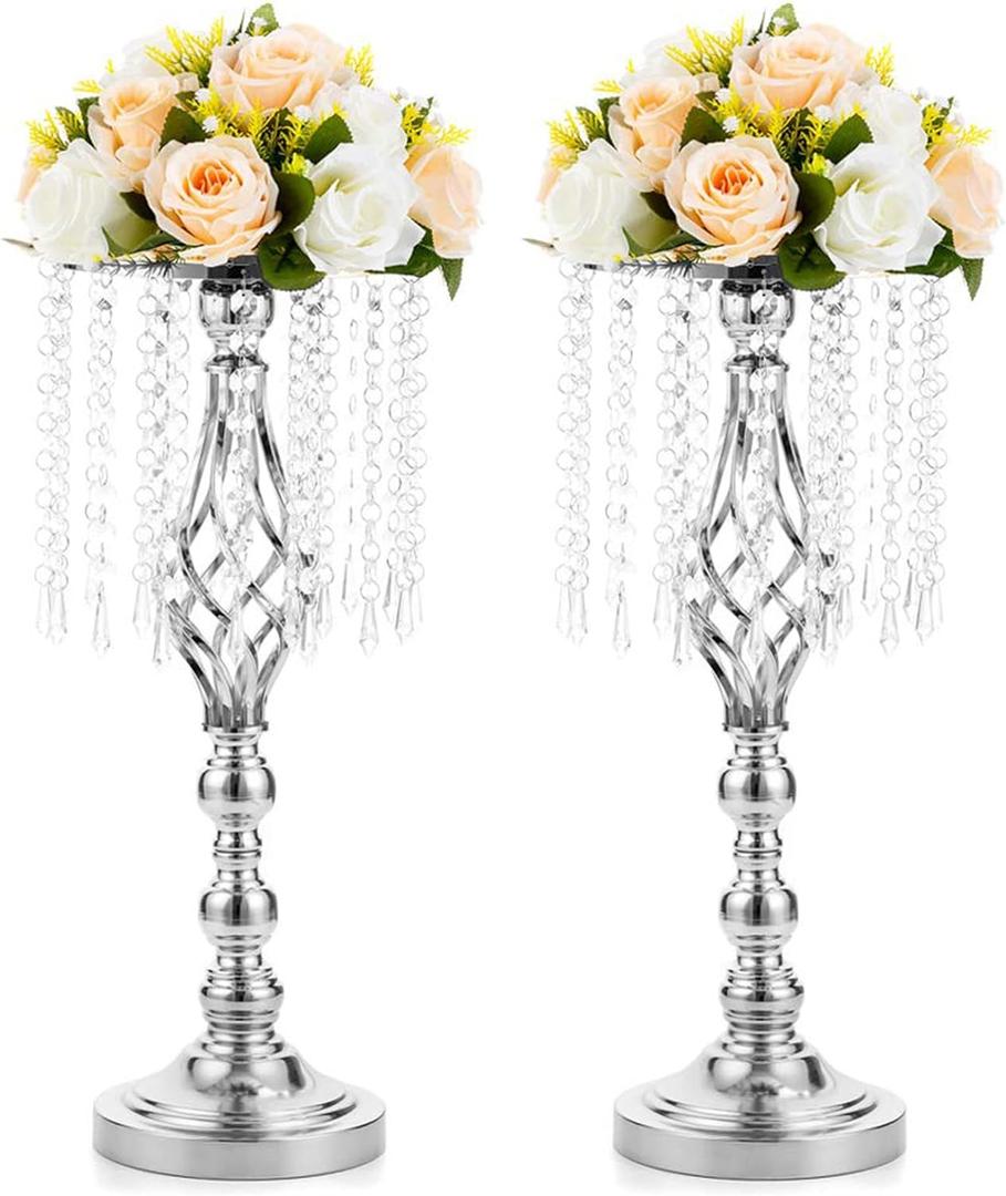 2 Pcs 19.3 inches Tall Crystal Flower Stand Wedding Road Lead Tall Flower Holders Centerpiece Crystal Flower Chandelier Metal Flower Vase for Reception Tables Wedding Supplies (Silver)