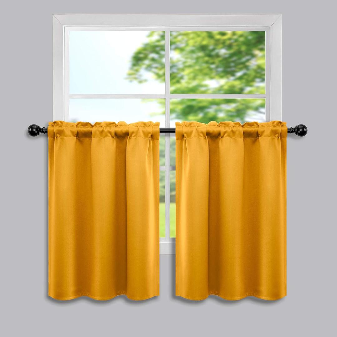 Mrs.Naturall Yellow Short Curtains 24 inch Length for Small Windows Rod Pocket Room Darkening Thermal Blackout Tier Curtains for Kitchen Girls Bedroom Bathroom 34 x 24 Inches Long Mustard Gold Yellow