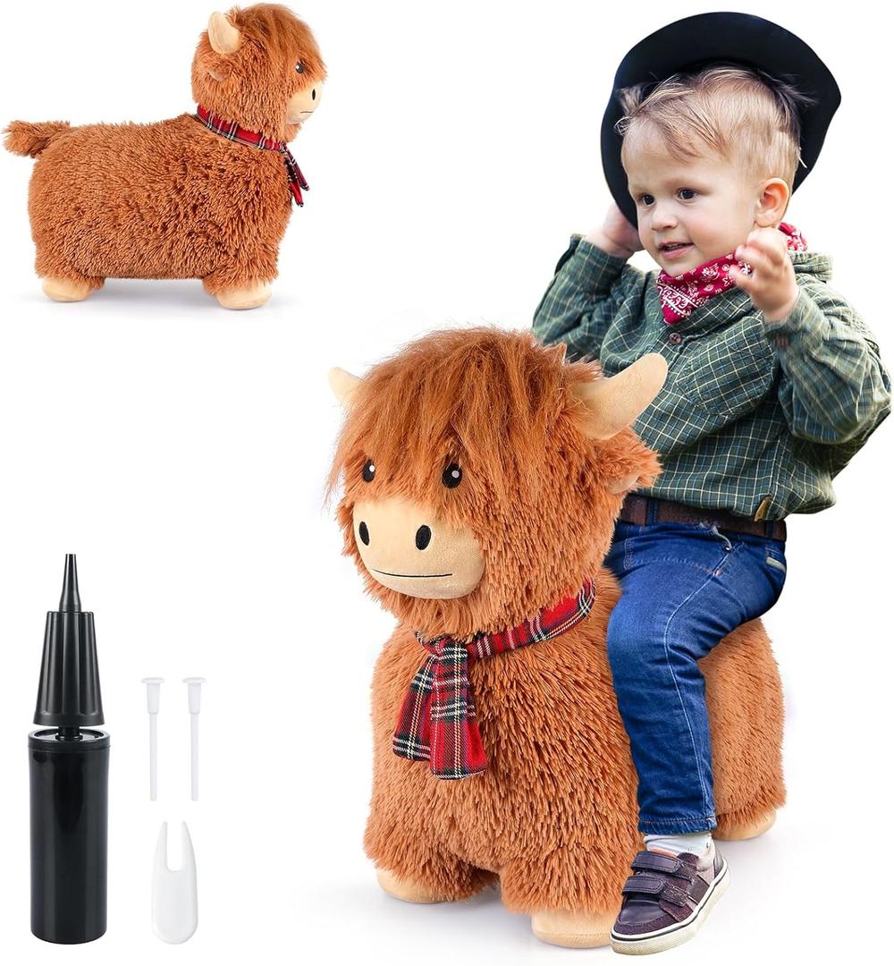 Bouncy Highland Cow Hopper Toys, Inflatable Cow Ride on Bouncer, Indoor Outdoor Highland Cows Plush Bouncy Horse for Toddlers & Kids, Bouncing Animals Toddler Toys, Toddler Gifts