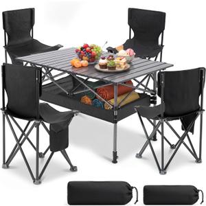 Black 5 Pcs Folding Camping Table and Chairs Set Portable Aluminum Lightweight Camp Table with Mesh Bag 4 Oxford Cloth Folding Chairs for Outdoor Camping Backyard BBQ Picnic, 37.4 x 21.65 x 19.69 inches