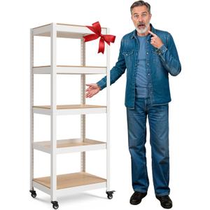 HOMEDANT House White 5-Tier Metal Rolling Cart Shelf Rack Casters Heavy Duty Wheel Shelving Unit Adjustable Utility Storage Shelves Organizer Shelf Kitchen Garage 24.4" W x 16.5" D x 62.2" H 1Pack