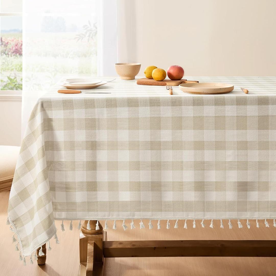 Softalker Checkered Tablecloth Rectangle, Outdoor Linen Cotton Gingham Table Cloth with Tassel, Heavy Duty Wrinkle Free Buffalo Plaid Table Cover for Kitchen Dining Summer Party - 55 x 84 Inch, Beige